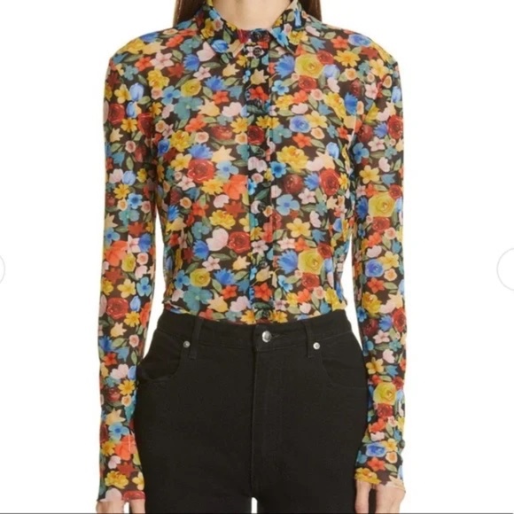 Ganni Mesh Long Sleeve Button Up Floral Print Shirt - Picture 1 of 5